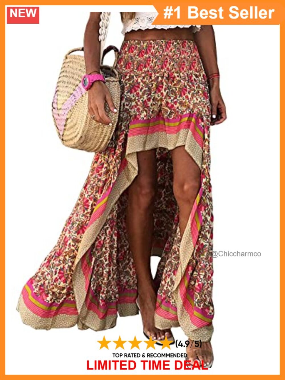 Boho Floral High Low Maxi Skirt Ruffle High Split A-Line